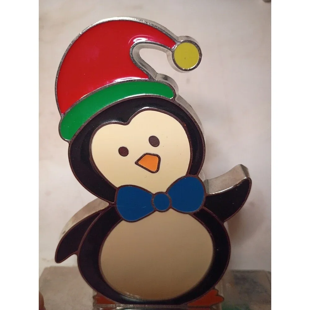 Enamel Metal Stocking Hanger Penguin & Christmas Tree